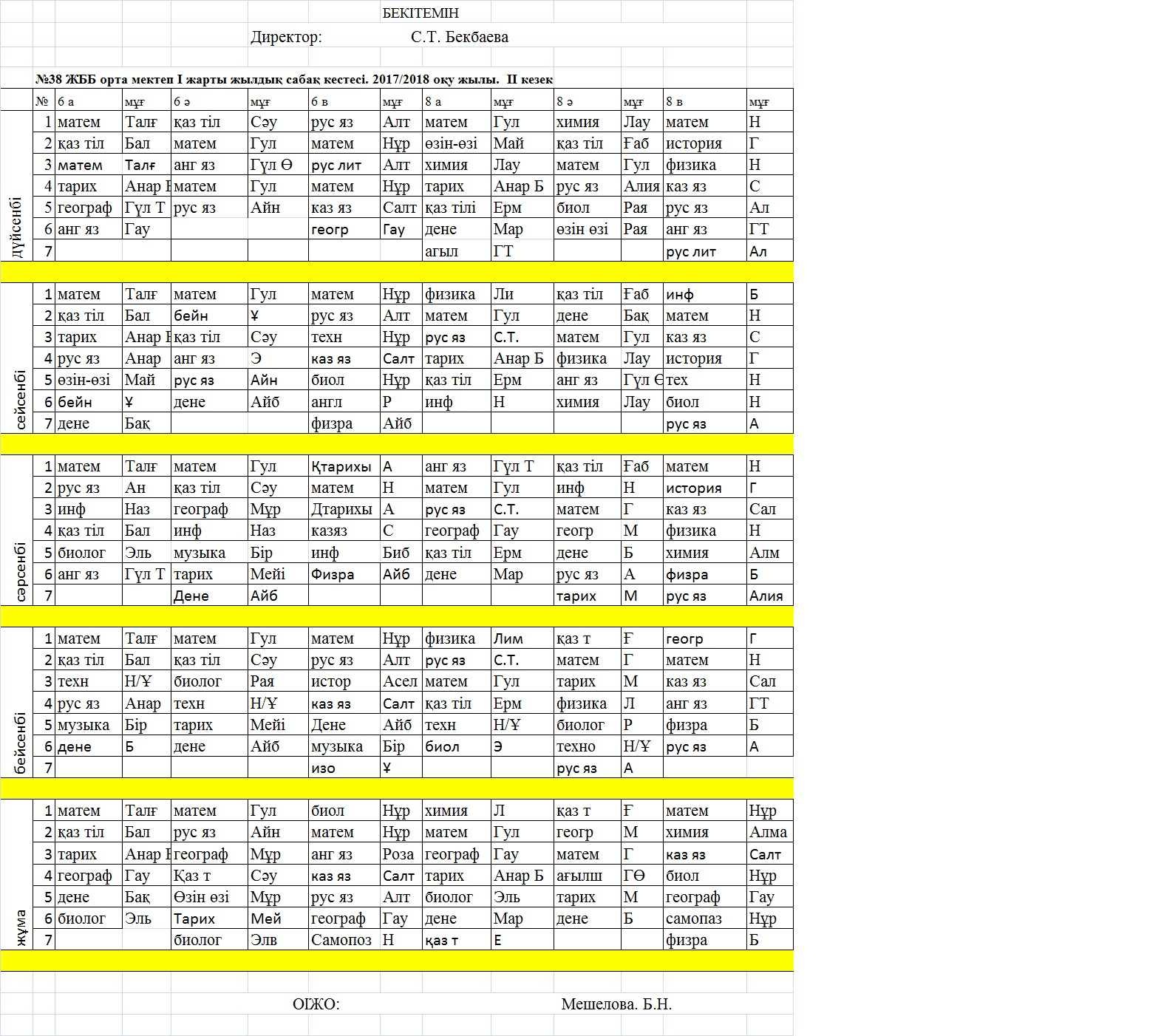 schedule of lessons